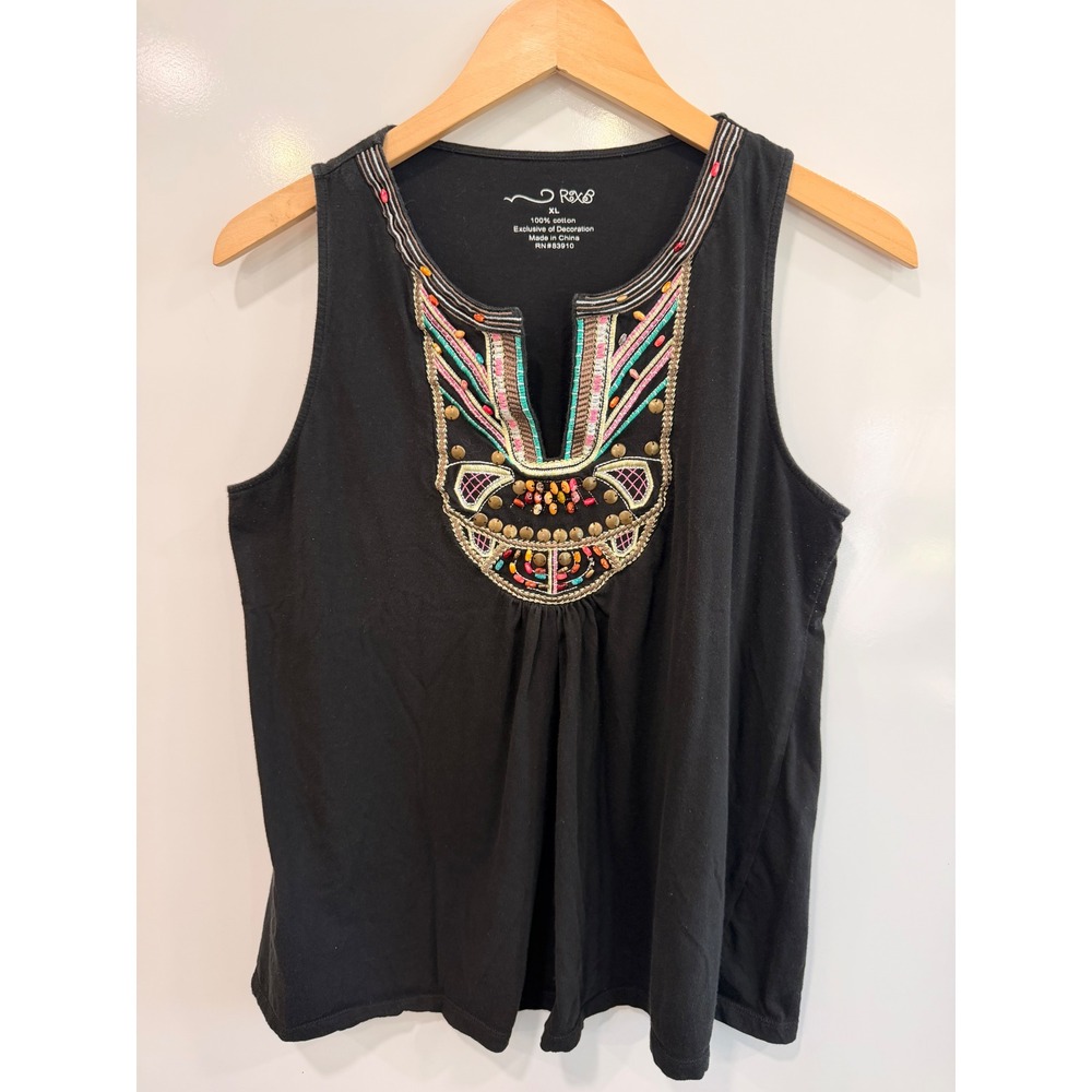 Roebuck & Co Womens XL‎ Black Embroidered Boho Tank Top Studded Bead Split Neck
